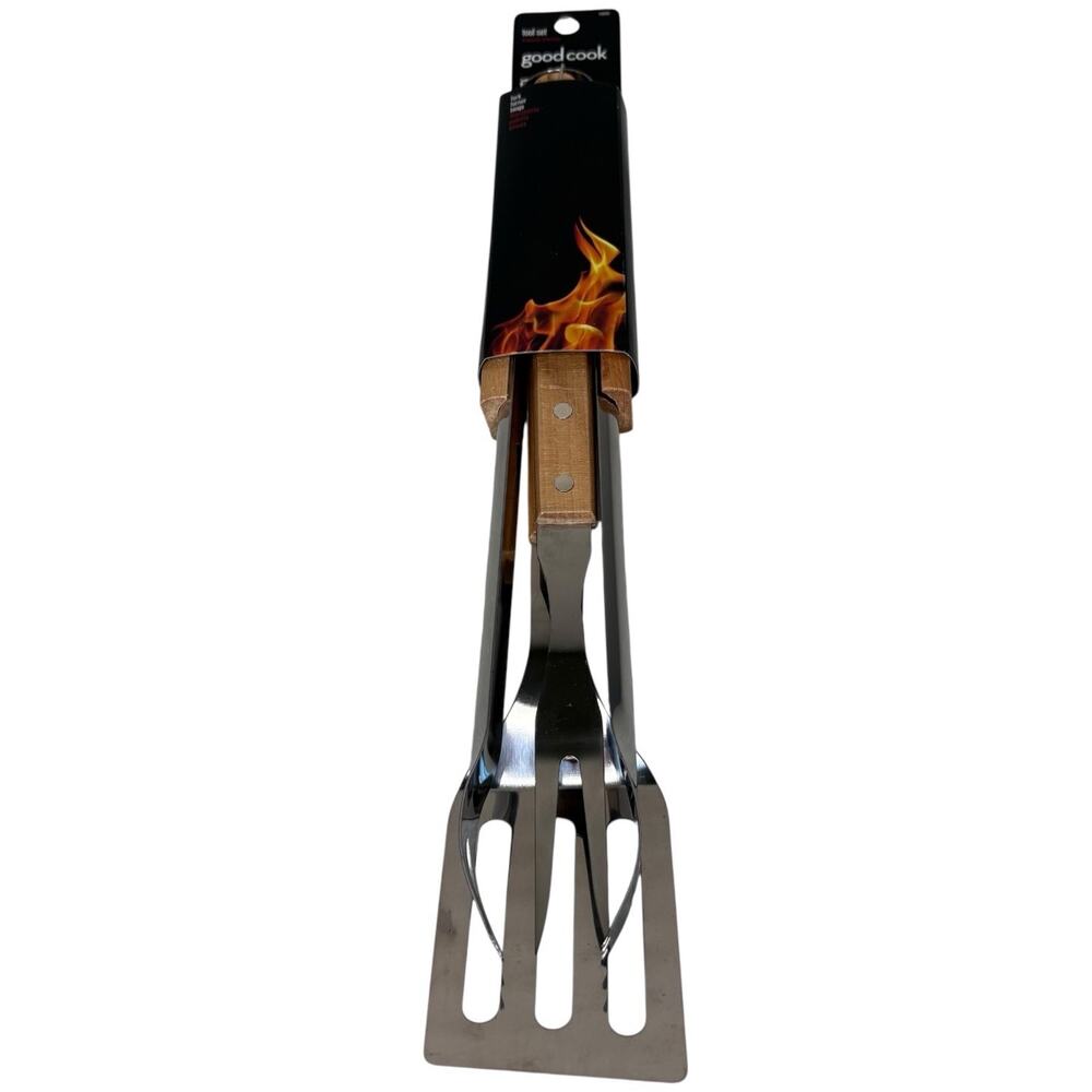 Good Cook BBQ Tool Set 3 Piece Fork Turner Tongs Stainless Steel Wood Handle New